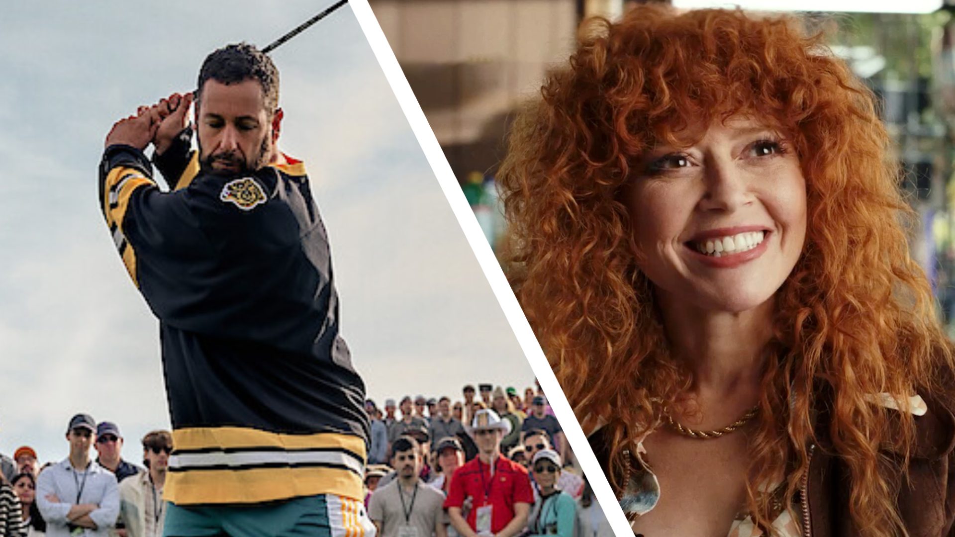 Adam Sandler swings a golf club in Happy Gilmore 2 on the left, Natasha Lyonne smiles in Poker Face on the right