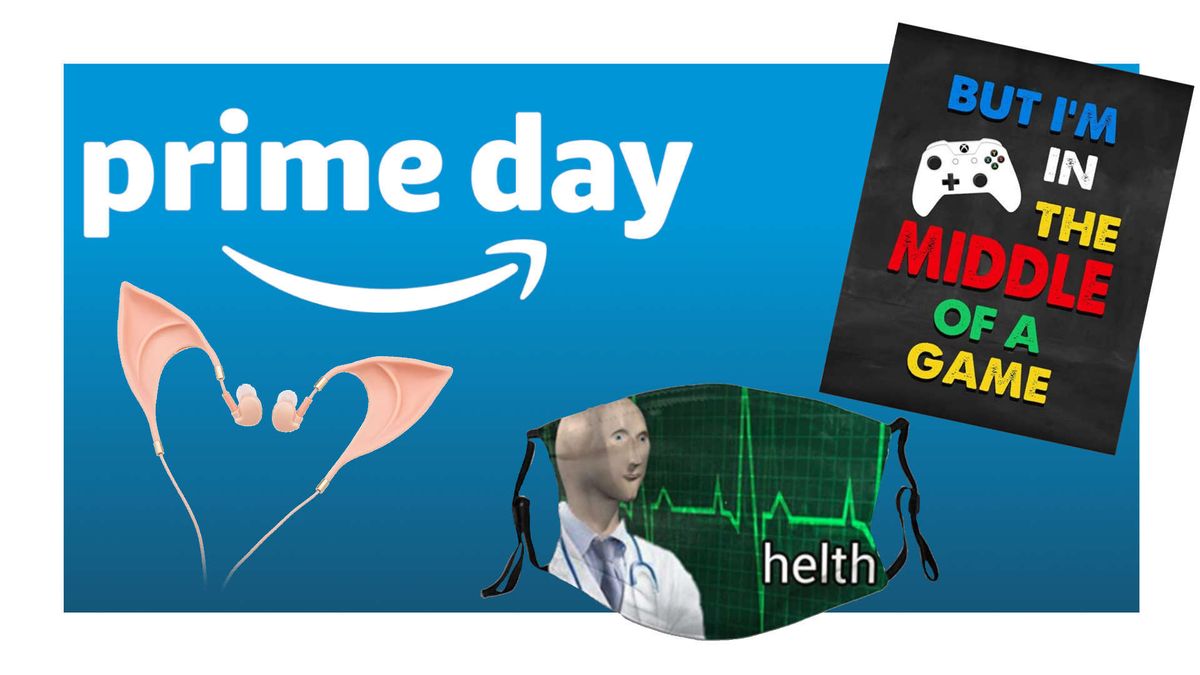 A collection of weird prime day deal images on a blue background with an Amazon prime logo