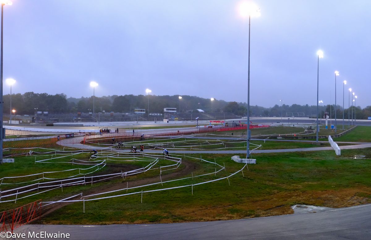 The sun was setting and the track lights came on during the men's race