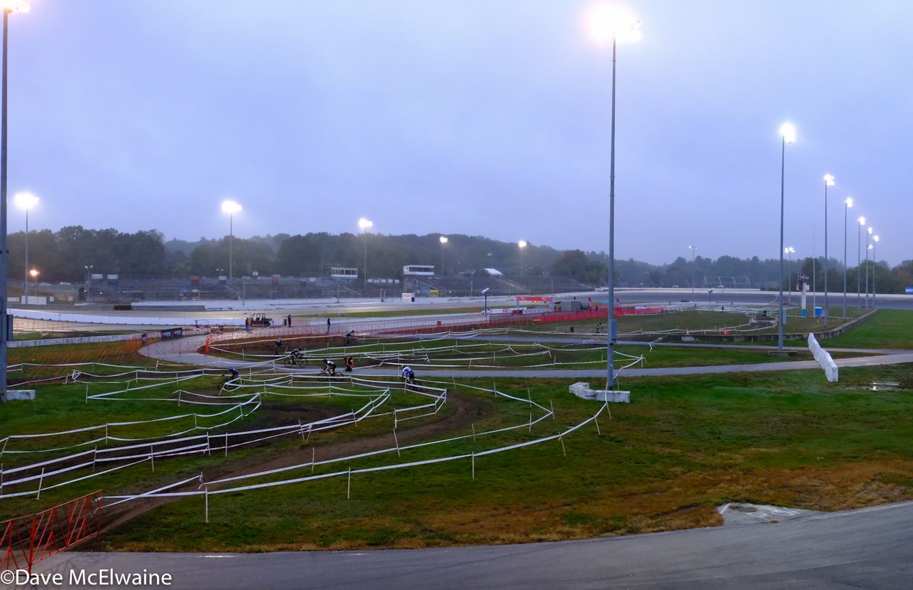 The sun was setting and the track lights came on during the men's race
