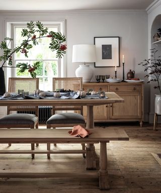 Wooden cabinet, dining table and bench