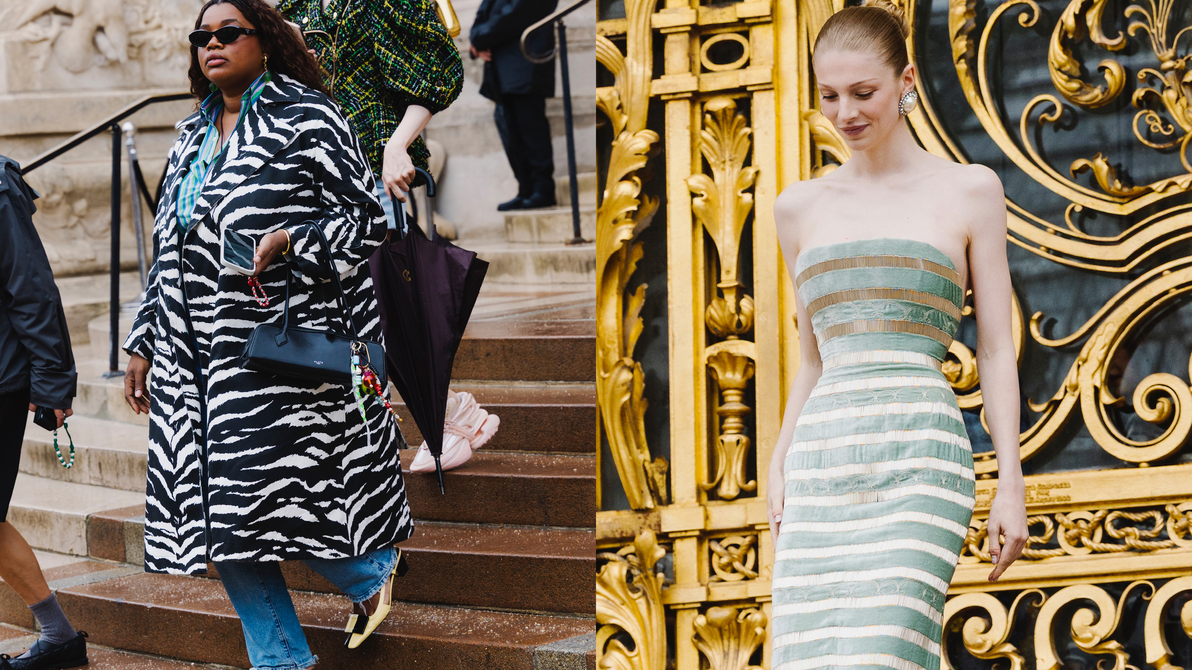 Gabriella Karefa-Johnson wearing a zebra print jacket and jeans and Hunter Schafer wearing a sculpted striped gown at the Schiaparelli show during Paris Haute Couture Week F/W 25.