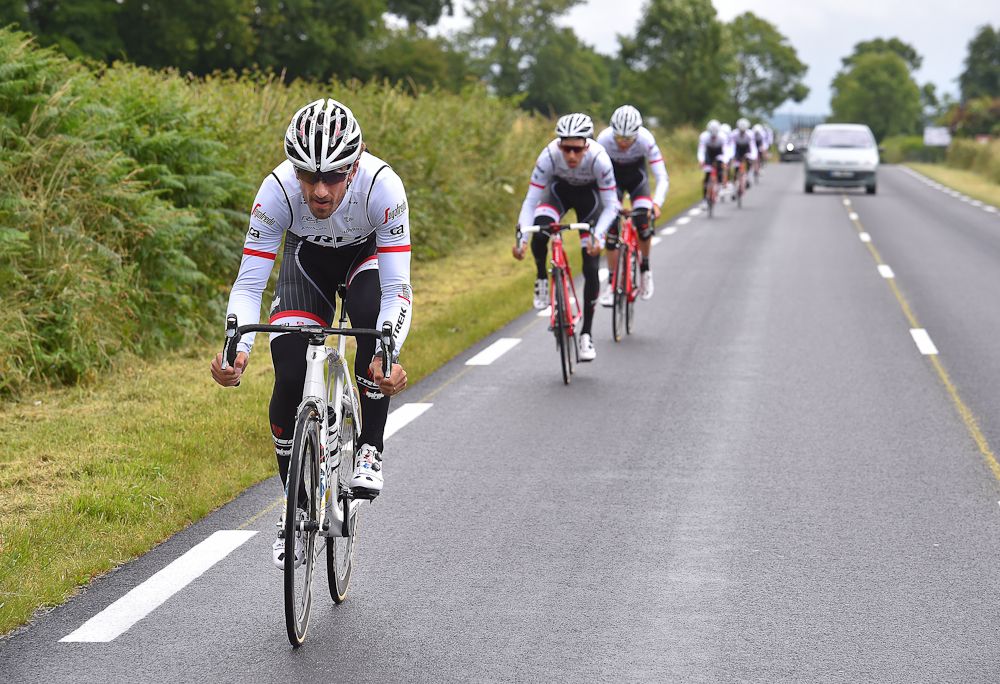 The Trek-Segafredo line stretches out as Fabian Cancellara leads the training ride the day before the Tour de France.