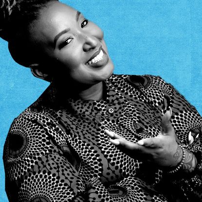 Omi Bell, entrepreneur, in a patterned top