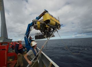 Nereus, a remotely operated vehicle, bringing samples from the Kermadec Trench to the sea surface.