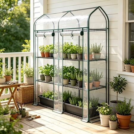 Clear Small 3-Tier Mini Greenhouse, Portable Plant Greenhouse With 2 Roll-Up Doors, 56.3" X 18.1" X 65"