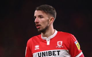 Middlesbrough player Dan Barlaser in action during the Sky Bet Championship between Middlesbrough and Stoke City at Riverside Stadium on March 14, 2023 in Middlesbrough, England.