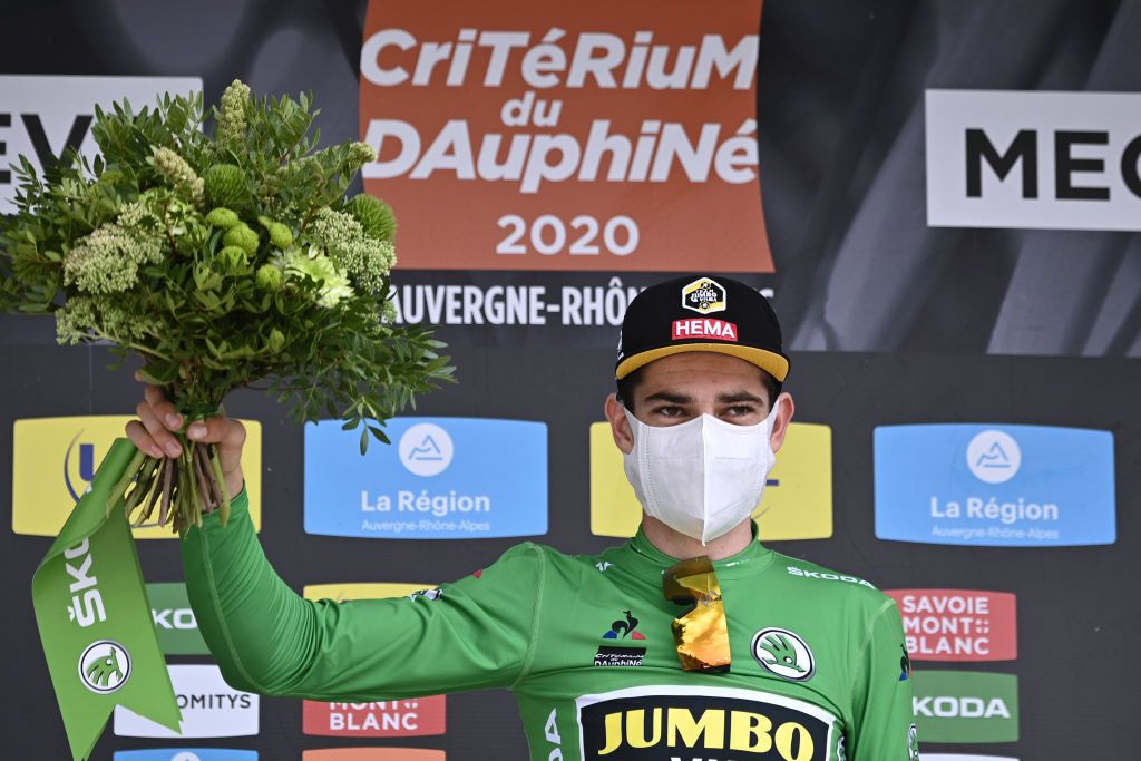 MEGEVE FRANCE AUGUST 16 Podium Wout Van Aert of Belgium and Team Jumbo Visma Green Points Jersey Celebration during the 72nd Criterium du Dauphine 2020 Stage 5 a 1535km stage from Megeve to Megeve 1458m dauphine Dauphin on August 16 2020 in Megeve France Photo by AnneChristine PoujoulatPool via Getty Images