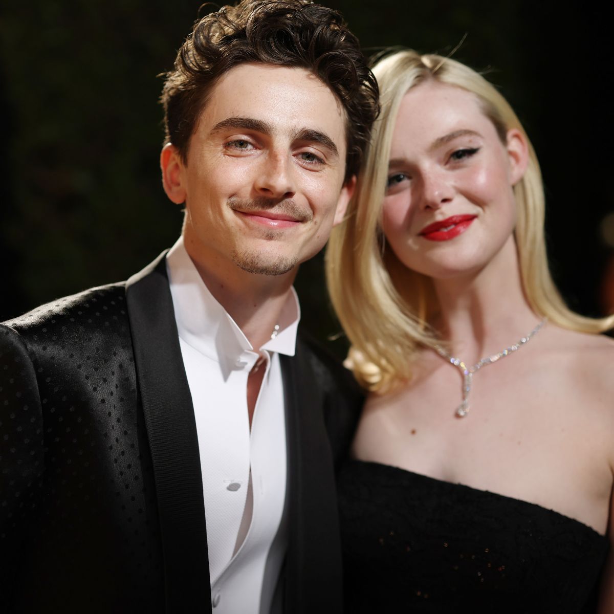 Timoth&eacute;e Chalamet and Elle Fanning attend the 2025 Vanity Fair Oscars party 