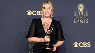 Kate Winslet poses with her Emmy for Outstanding Lead Actress for Mare of Easttown on September 19, 2021.