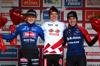 20-year-old Dutch riders Fem Van Empel, Puck Pieterse and Shirin Van Anrooij on the podium at Cyclo-Cross World Cup Antwerpen
