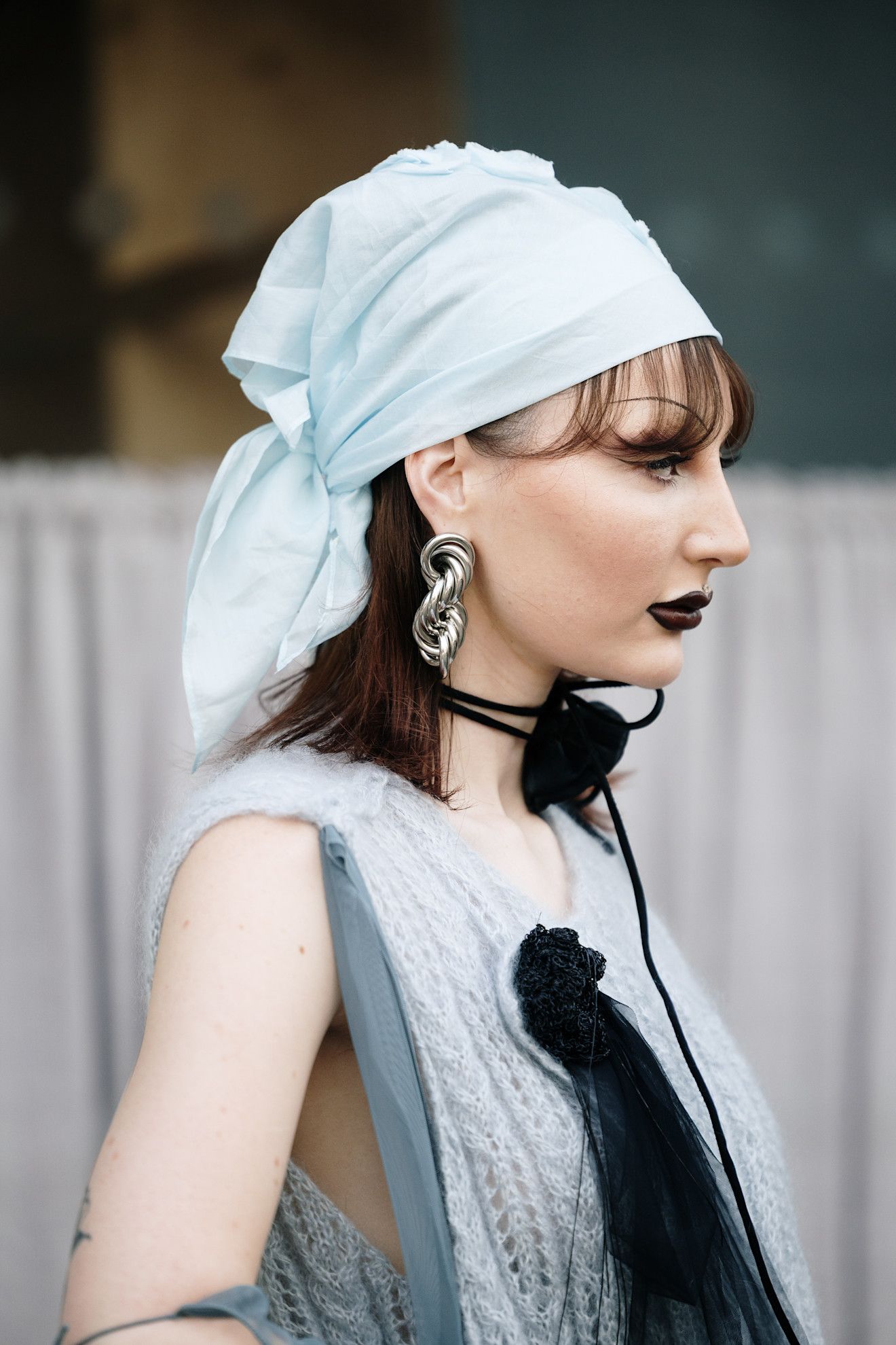 London Fashion Week attendee wearing black lipstick