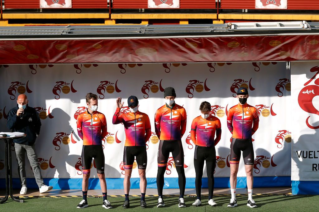 IZNAJAR SPAIN FEBRUARY 16 A general view of Gavin Mannion of United States Stephen Bassett of United States Nathan Brown of United States Chad Haga of United States Chad King of United States and Human Powered Health Team during the team presentation in the Ubrique bullring prior to the 68th Vuelta A Andalucia Ruta Del Sol 2022 Stage 1 a 2007km at stage from Ubrique to Iznjar 514m 68RdS on February 16 2022 in Iznjar Spain Photo by Bas CzerwinskiGetty Images