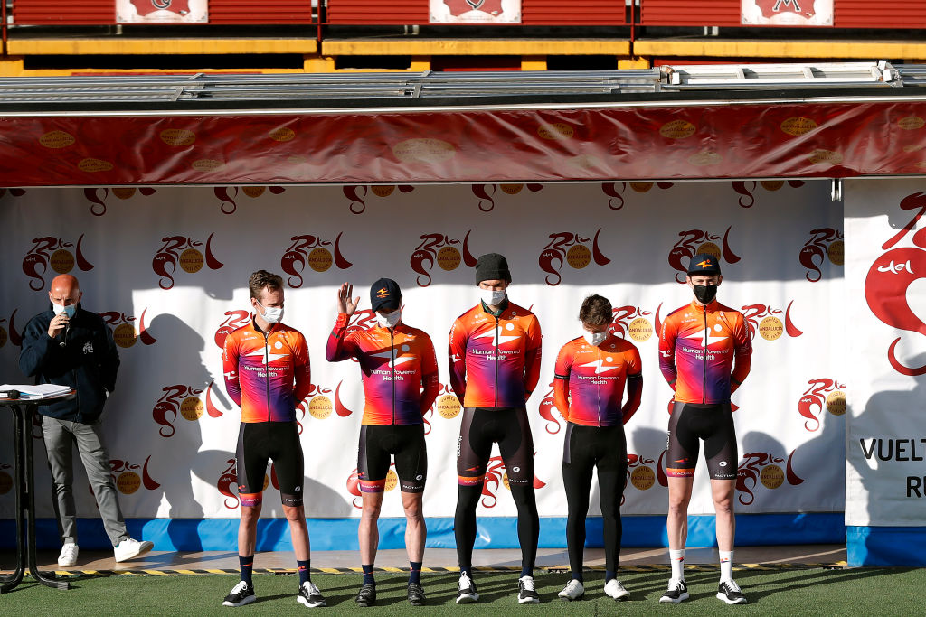 IZNAJAR SPAIN FEBRUARY 16 A general view of Gavin Mannion of United States Stephen Bassett of United States Nathan Brown of United States Chad Haga of United States Chad King of United States and Human Powered Health Team during the team presentation in the Ubrique bullring prior to the 68th Vuelta A Andalucia Ruta Del Sol 2022 Stage 1 a 2007km at stage from Ubrique to Iznjar 514m 68RdS on February 16 2022 in Iznjar Spain Photo by Bas CzerwinskiGetty Images