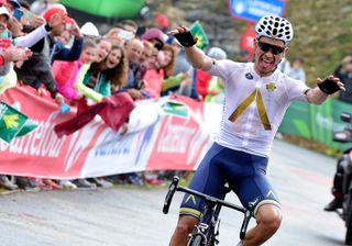 Aqua Blues Austrian Stefan Denifl celebrates as he crosses the finish line of the 17th stage of the 72nd edition of La Vuelta Tour of Spain cycling race a 1805 km route from Villadiego to Los Machucos in Arredondo on September 6 2017 AFP PHOTO JOSE JORDAN Photo credit should read JOSE JORDANAFP via Getty Images