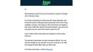 Email from Kayo SPorts outlining price changes