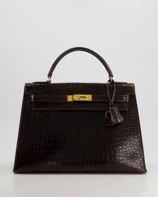 *fire Price* Hermès Kelly Vintage Sellier 32cm Bag in Chocolate Shiny Niloticus Crocodile Leather With Gold Hardware