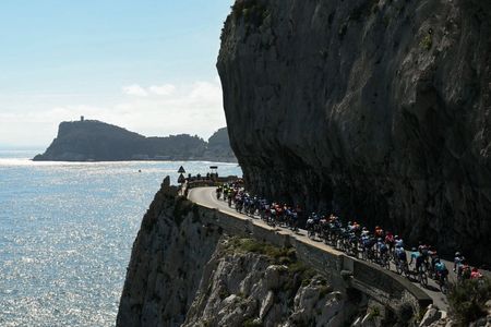 The pack rides along Capo Noli during the 115th Milan-SanRemo one-day classic cycling race, between Pavia and SanRemo, on March 16, 2024. (Photo by Marco BERTORELLO / AFP)