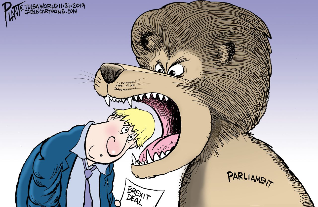 Political Cartoon World Boris Johnson Brexit Lion Mouth Parliament