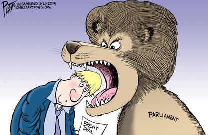 Political Cartoon World Boris Johnson Brexit Lion Mouth Parliament