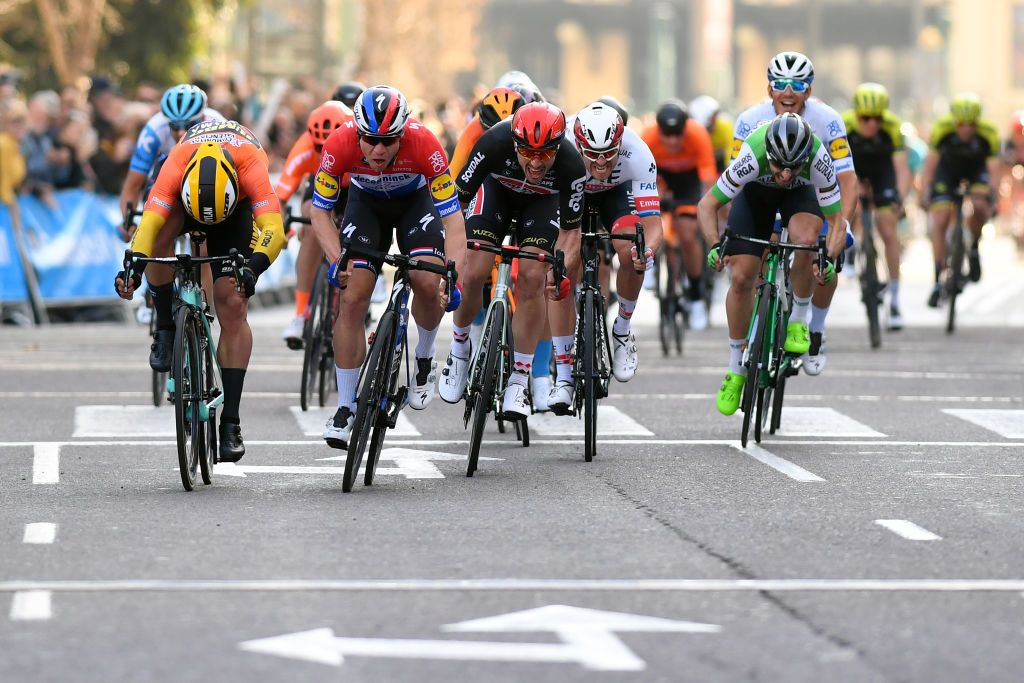 VALENCIA SPAIN FEBRUARY 09 Sprint Arrival Fabio Jakobsen of The Netherlands and Team Deceuninck QuickStep Dylan Groenewegen of The Netherlands and Team JumboVisma Orange Combined Jersey John Degenkolb of Germany and Team LottoSoudal Alexander Kristoff of Norway and UAE Team Emirates Ivan Garcia Cortina of Spain and Team BahrainMclaren Matteo Trentin of Italy and CCC Team Davide Ballerini of Italy and Team Deceuninck QuickStep during the 71st Volta a la Comunitat Valenciana 2020 Stage 5 a 977km stage from Paterna Valencia VueltaCV VCV2020 on February 09 2020 in Valencia Spain Photo by David RamosGetty Images