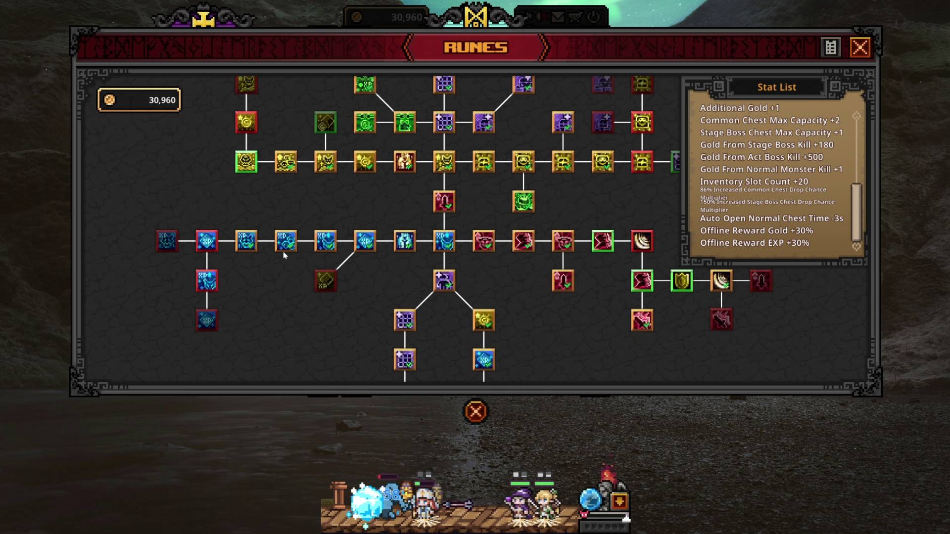 Task Bar Hero Rune menu with branching rune upgrade tree and affected stats