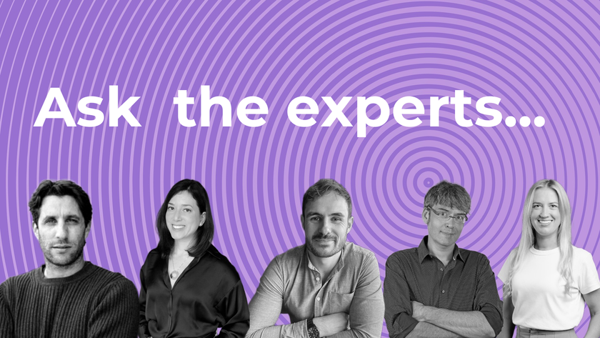 headshots of website builder experts on a purple background