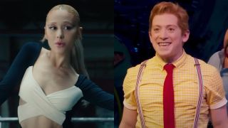 From left to right: a screenshot of Ariana Grande in the Yes, And music video and a screenshot of Ethan Slater in SpongeBob.
