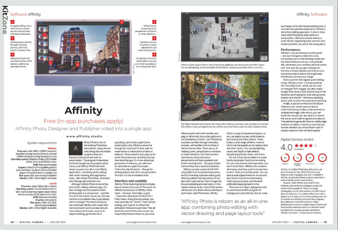 Image showing the review of Affinity editing software, in issue 302 (January 2026) of Digital Camera magazine