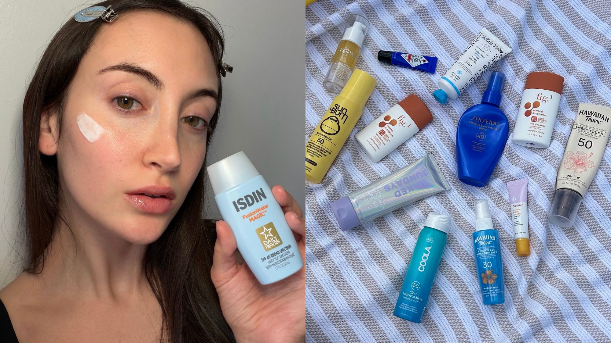 Images of WWW associate beauty editor Alyssa Brascia testing sunscreen.