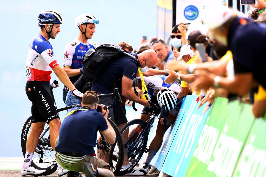 PEYRAGUDES FRANCE JULY 20 Fabio Jakobsen of Netherlands and QuickStep Alpha Vinyl Team collapses crossing the finish line during the 109th Tour de France 2022 Stage 17 a 1297km stage from SaintGaudens to Peyragudes 1580m TDF2022 WorldTour on July 20 2022 in Peyragudes France Photo by Michael SteeleGetty Images