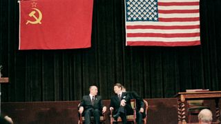 Cold War Soviet leader Mikhail Gorbachev and U.S. president Ronald Reagan at a Soviet/US Summit in 1985