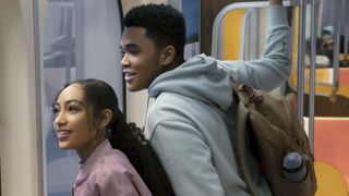 Sneakerella stars Lexi Underwood and Chosen Jacobs look out a window