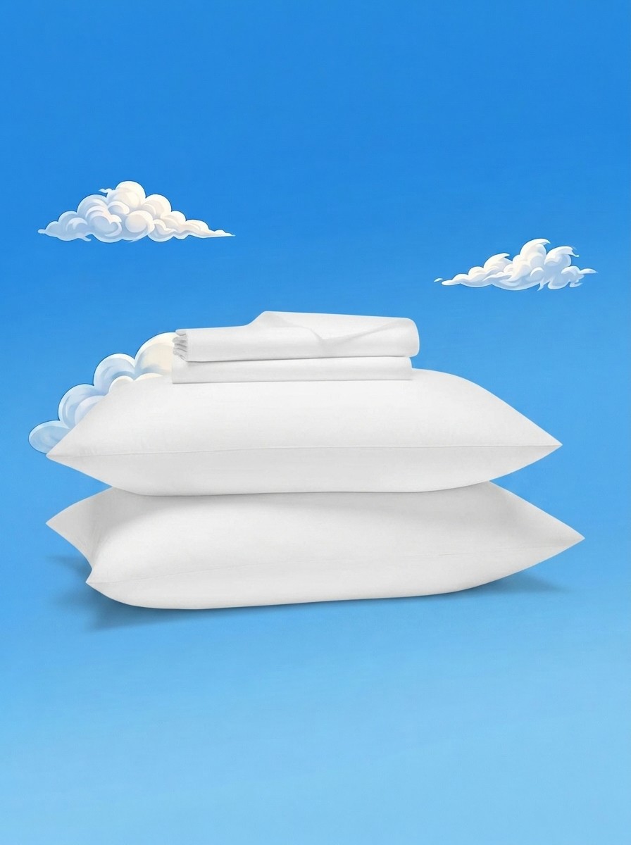 A set of Brooklinen Percale Sheets on a background of an illustrated sky edited by Gemini