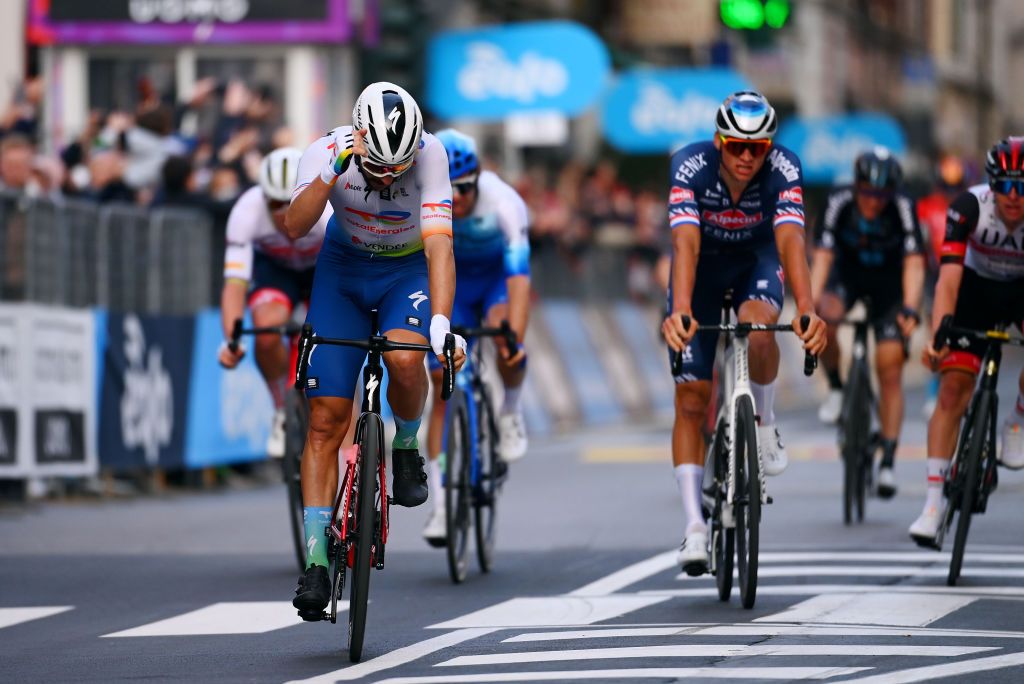 SANREMO ITALY MARCH 19 Anthony Turgis of France and Team Total Energies second place reacts after cross the finishing line third place during the 113th MilanoSanremo 2022 a 293km one day race from Milano to Sanremo MilanoSanremo on March 19 2022 in Sanremo Italy Photo by Tim de WaeleGetty Images