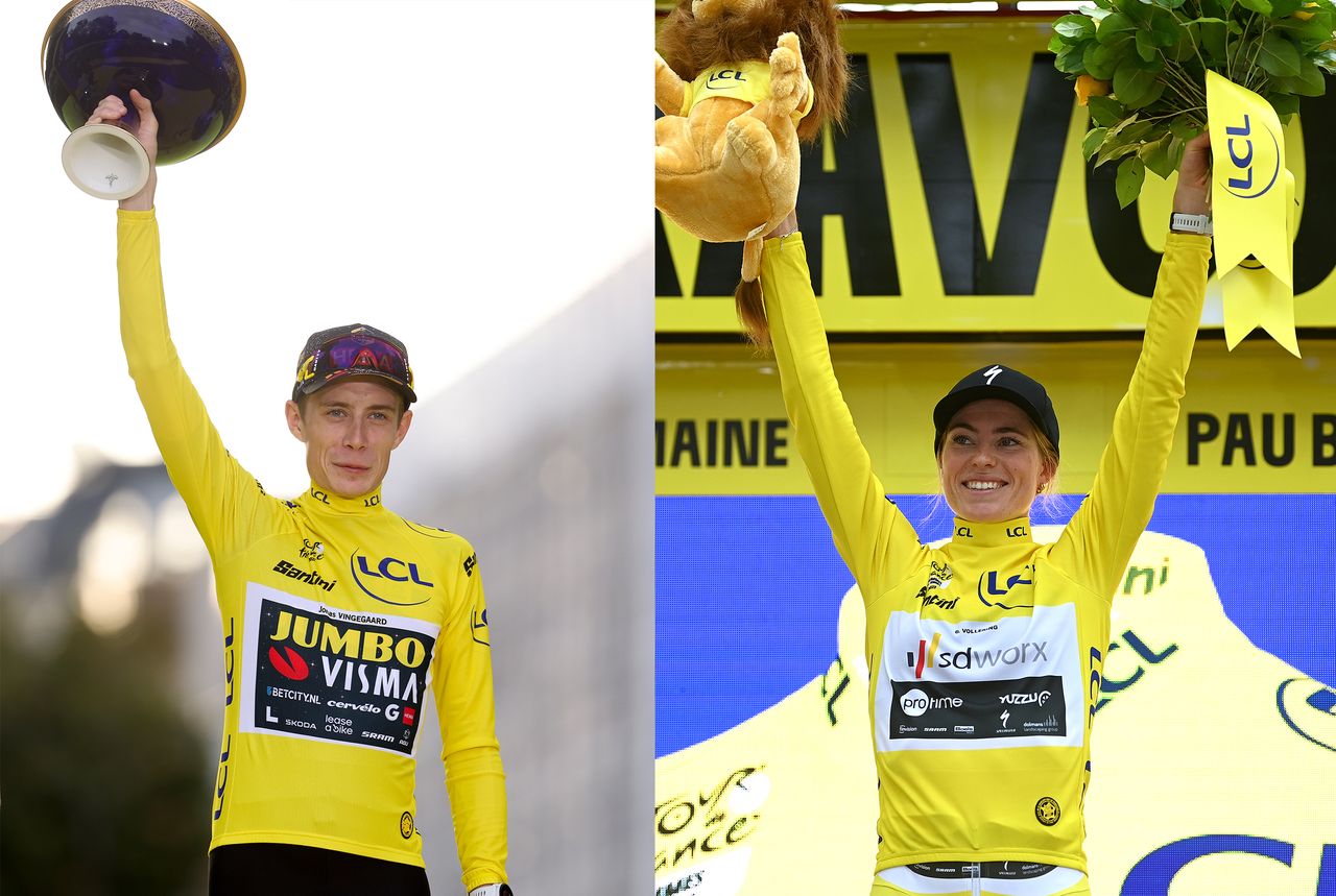 Demi Vollering and Jonas Vingegaard on the podium of the Tour de France Femmes and Tour de France, respectively