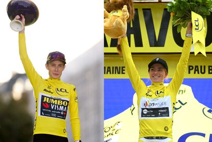Demi Vollering and Jonas Vingegaard on the podium of the Tour de France Femmes and Tour de France, respectively