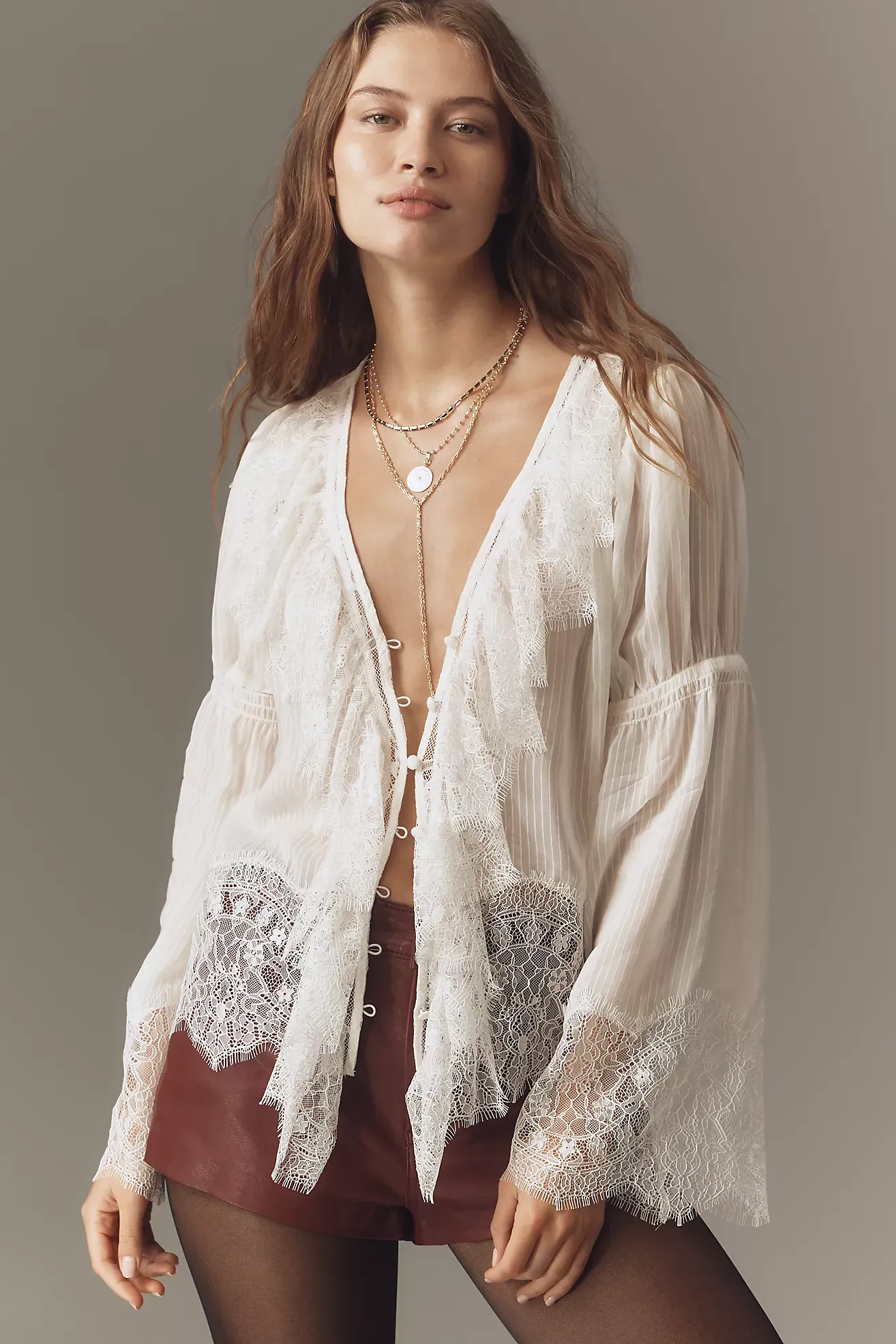 By Anthropologie Sheer Ruffled Lace Blouse
