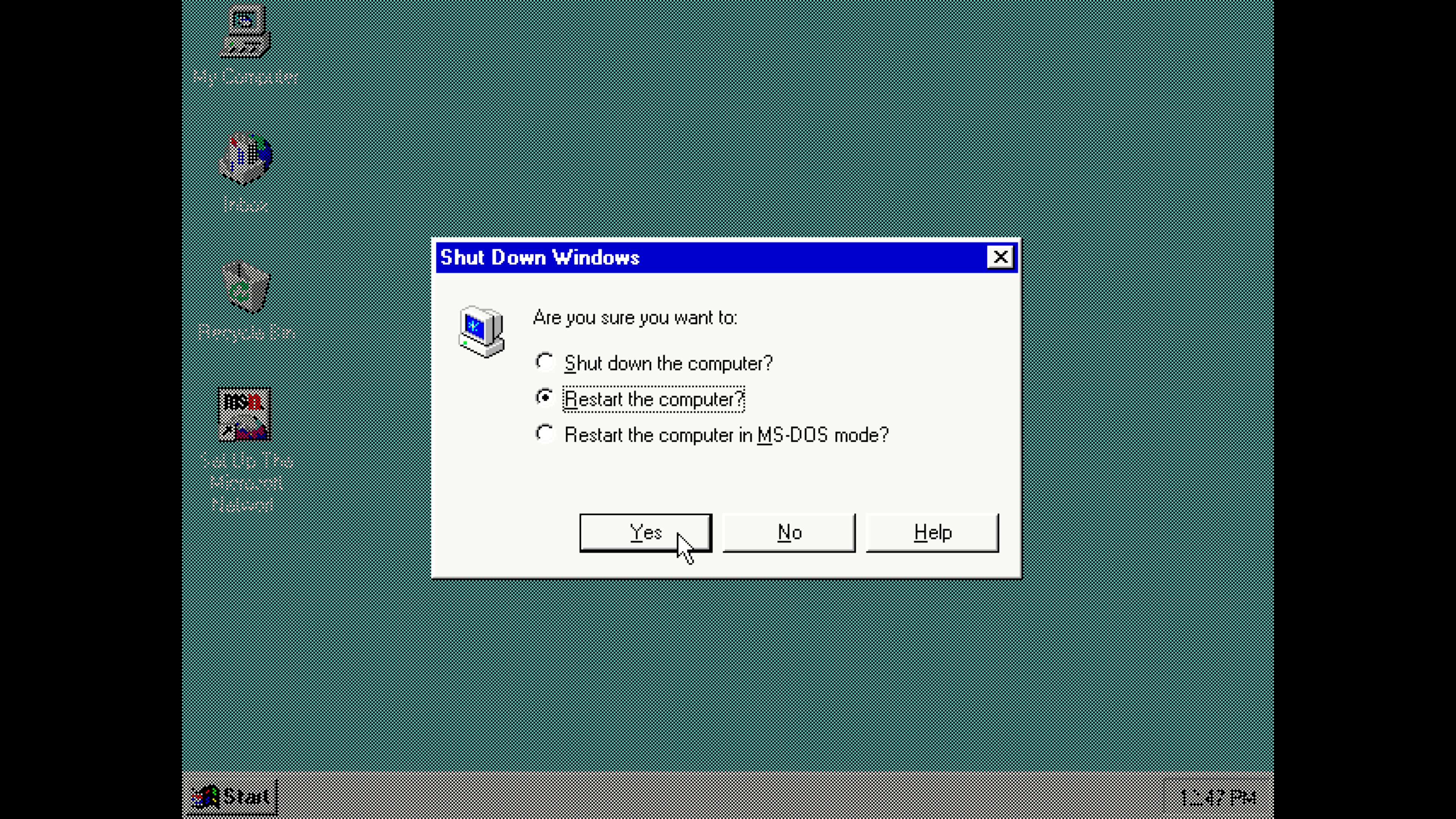 A screenshot of an browser-based emulation of Windows 95, showing the shutdown/restart menu