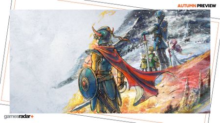 Key art for Dragon Quest 1 + 2 HD-2D Remake shows five characters stood looking to the left.