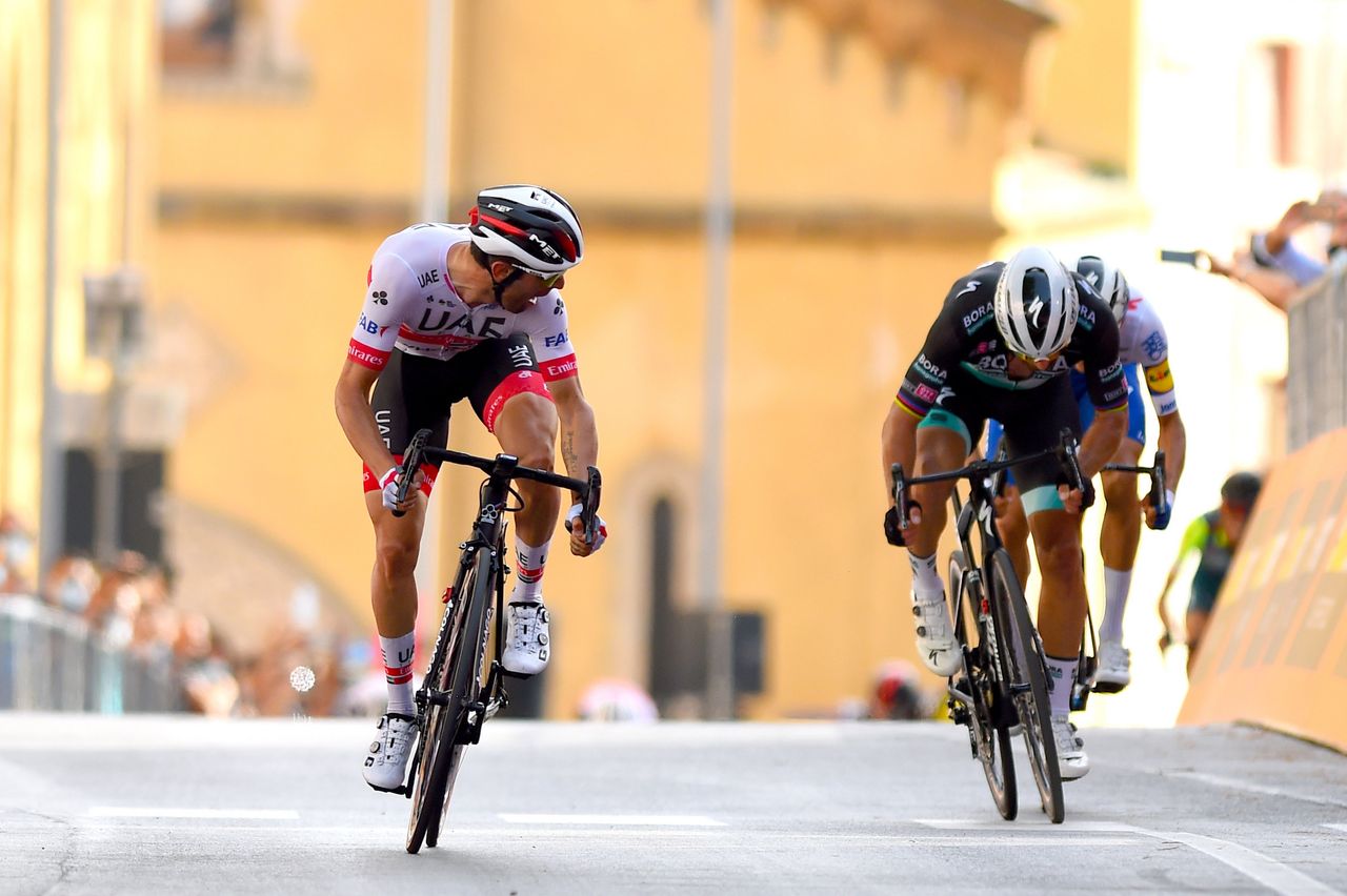 Giro dItalia 2020 103rd Edition 2nd stage Alcamo Agrigento 149 km 04102020 Diego Ulissi ITA UAE Team Emirates Mikkel Frolich Honore DEN Deceuninck Quick Step Peter Sagan SVK Bora Hansgrohe photo Dario BelingheriBettiniPhoto2020