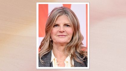 Image of Susannah Constantine smiling with blonde curly locks, on a pink watercolour background