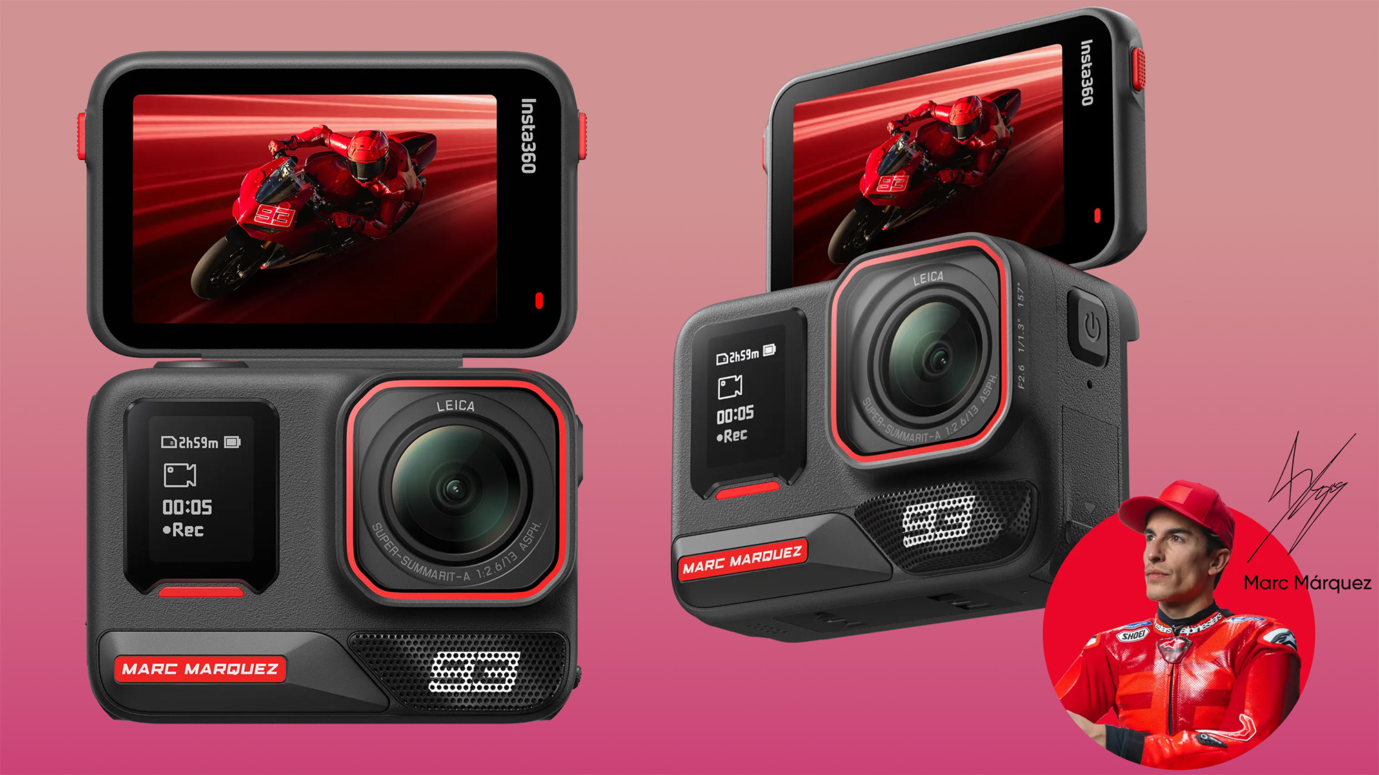 Insta360 Ace Pro 2 MM93 Edition product images on a purple to pink gradient, with a roundel showing a portrait of Marc Márquez next to the rider's signature 