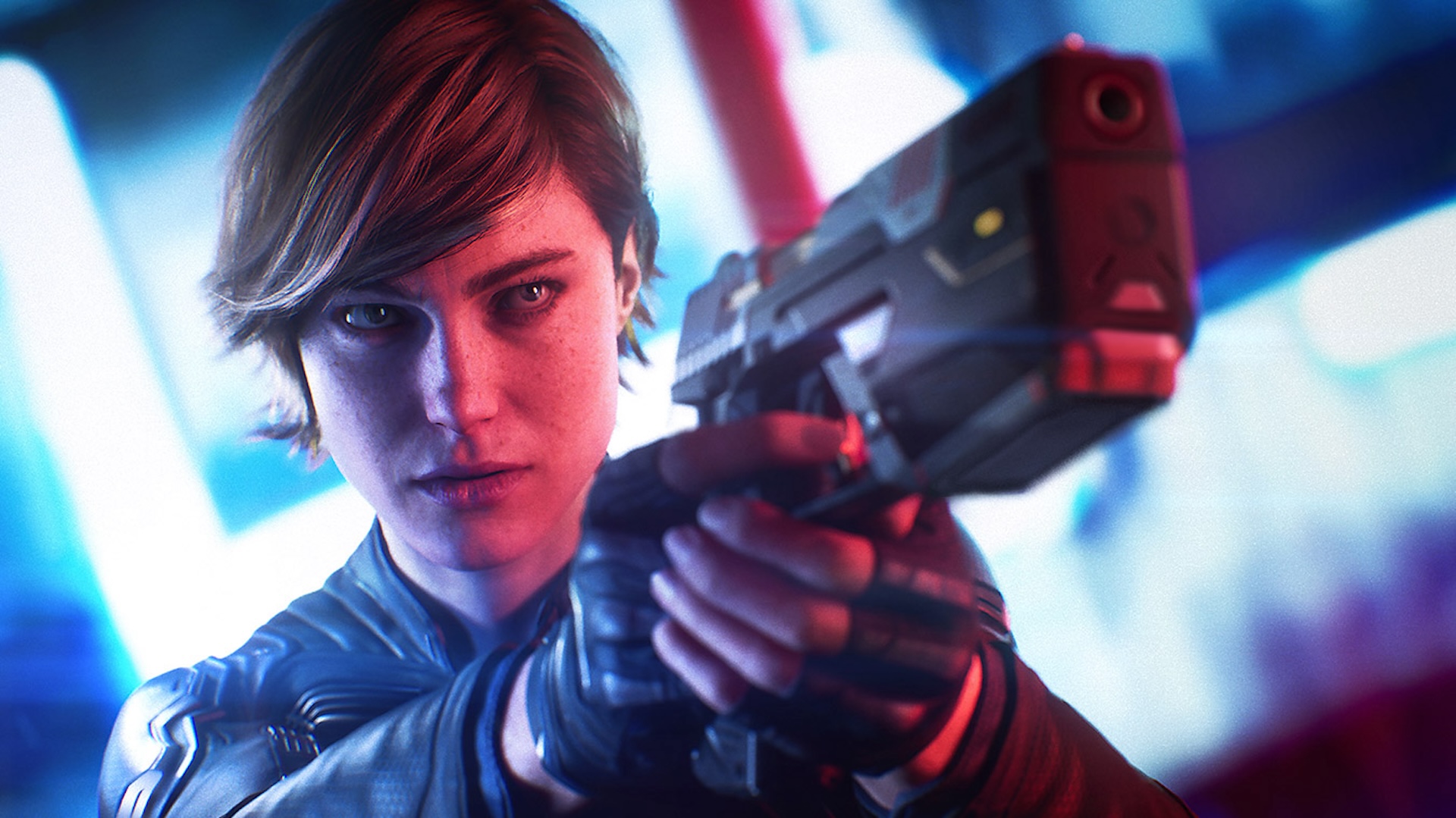 The protagonist from the now cancelled Perfect Dark remake holding a gun 