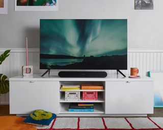 Sonos Ray Soundbar on a white tv cabinet