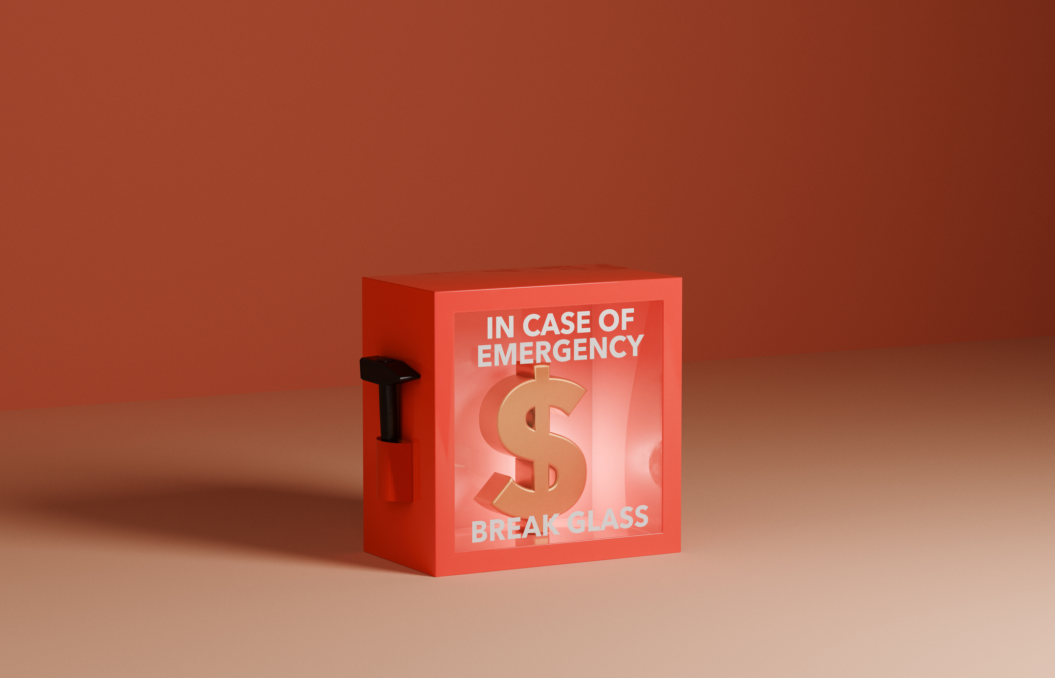 A gold dollar sign inside of a red box with glass cover and a hammer with text saying "In Case Of Emergency Break Glass"