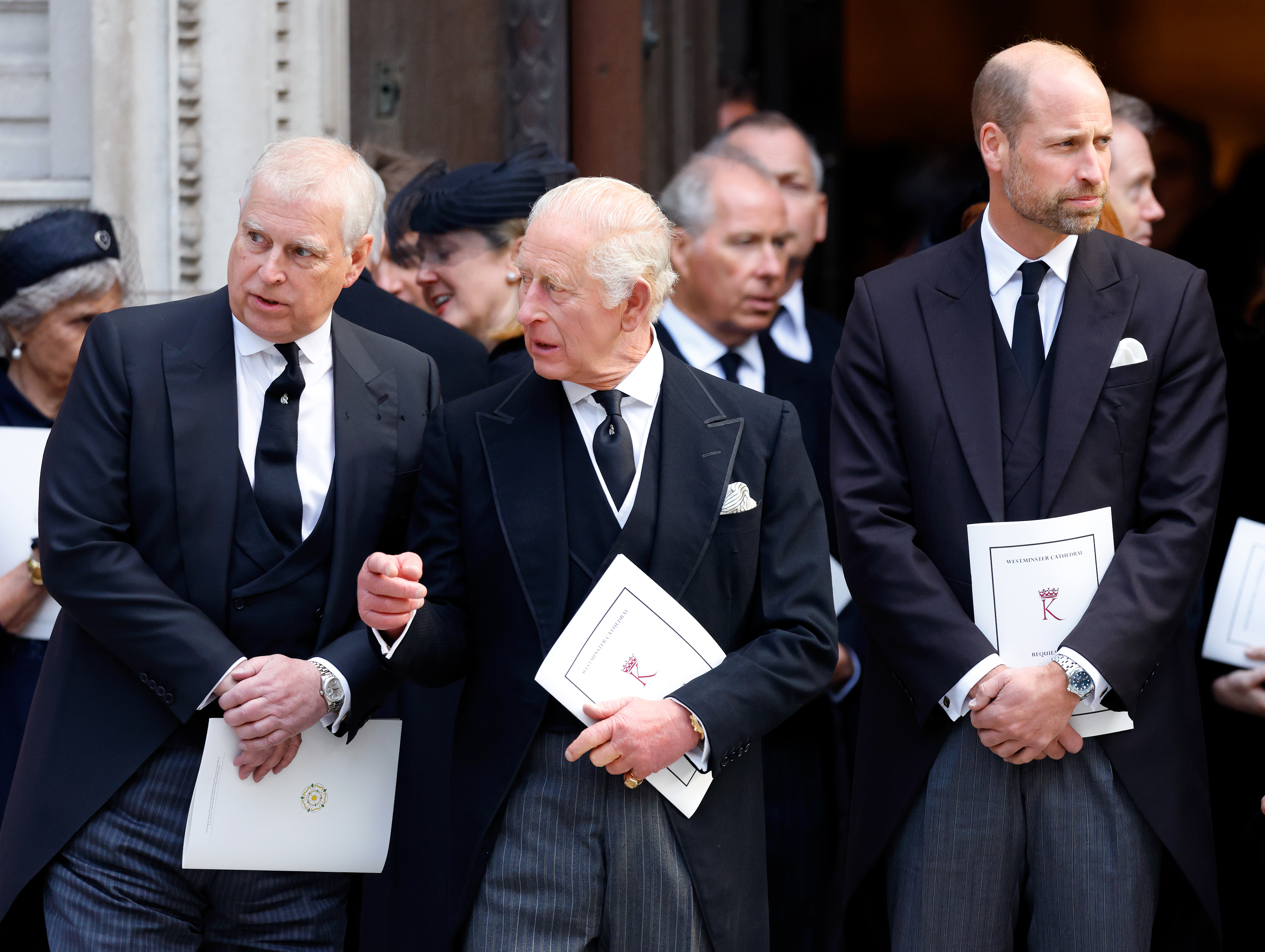 Prince Andrew, King Charles and Prince William in suits at the Duchess of Kent&#039;s funeral