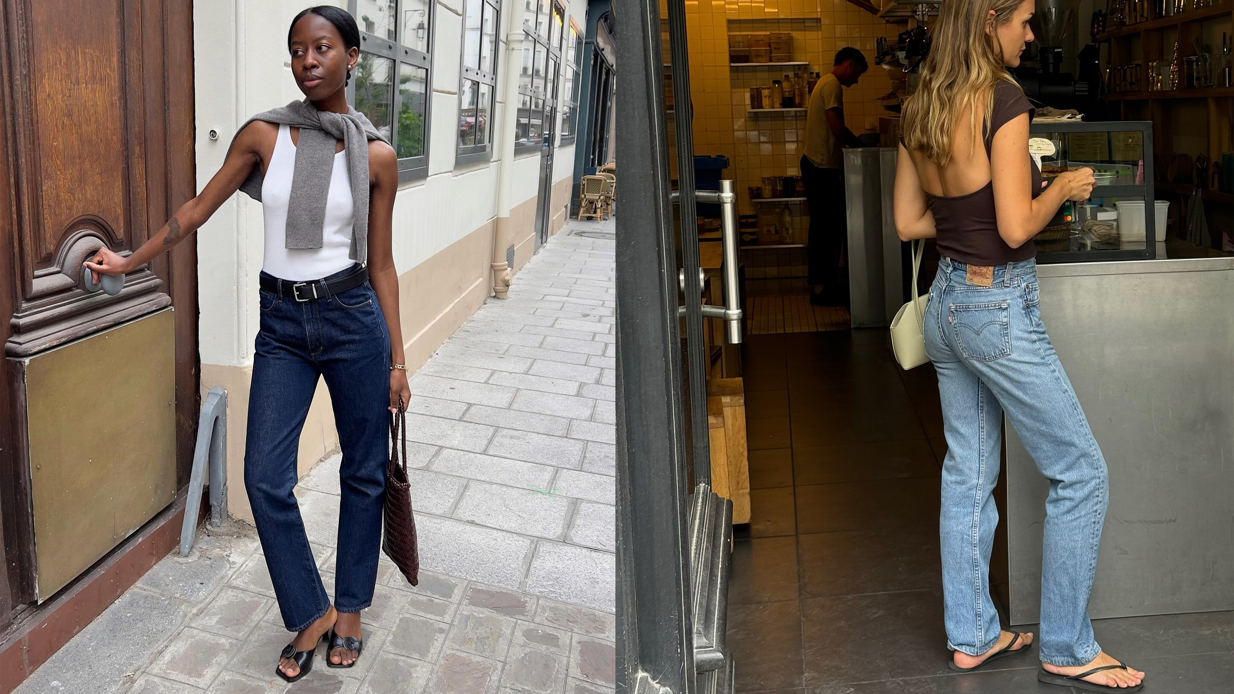 Sylvie Mus and Anne-Laure Mais wearing high-waisted jeans in Paris. 