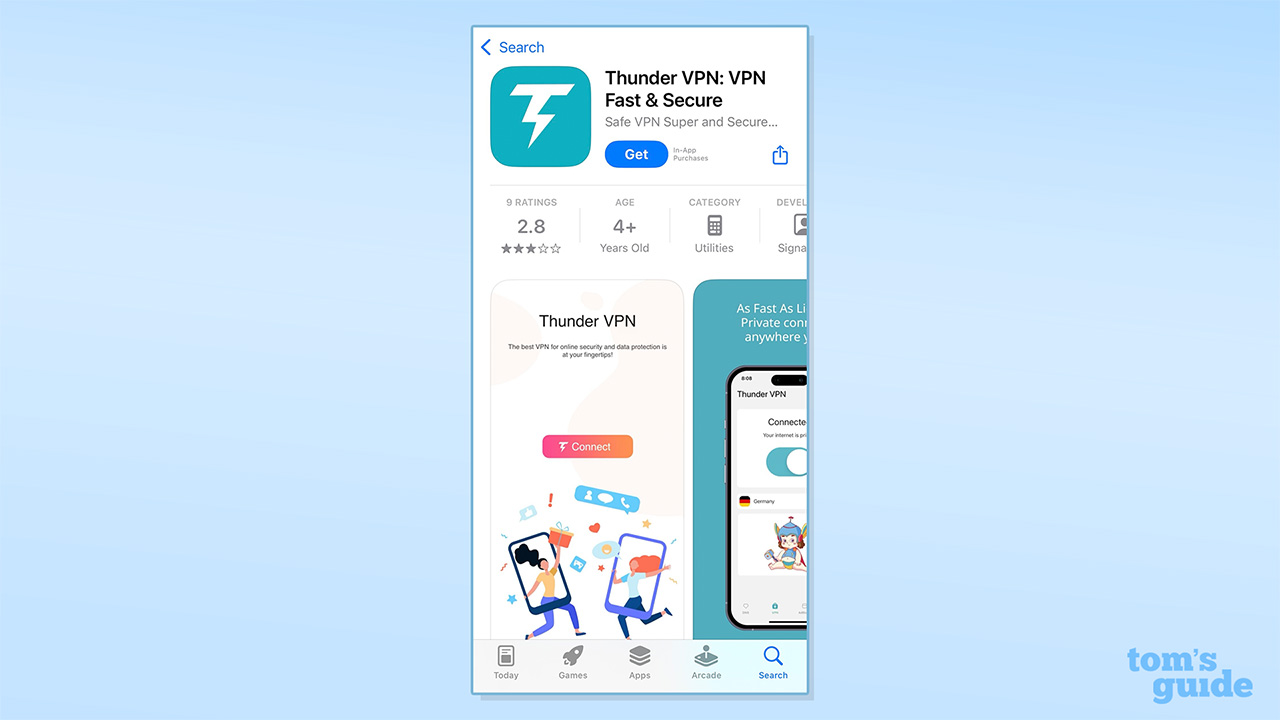 Screenshot of Thunder VPN on UK app store