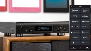 Denon DNP-2000NE on a cabinet next to a close-up of the mobile app